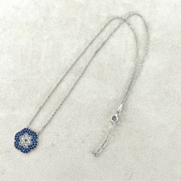 FLOWER Dainty 925 Sterling Silver Blue Clear Rhinestone Adjustable Necklace - Picture 6 of 9